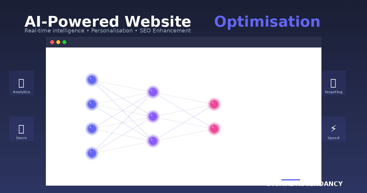 AI-powered website optimisation illustration showing neural network connecting to browser interface with analytics icons representing personalisation, targeting, and performance enhancement for small businesses