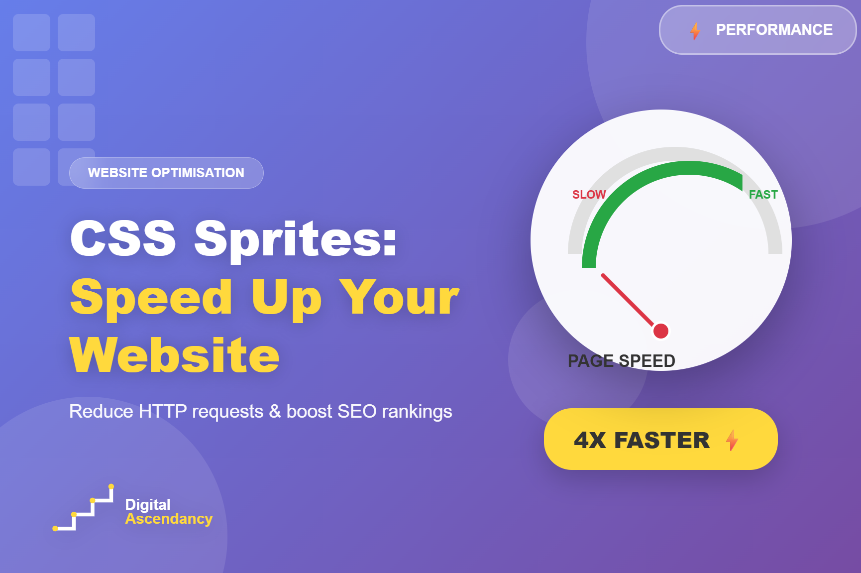 CSS sprites website performance optimization featured image showing speedometer indicating fast page speed with 4x faster loading, representing HTTP request reduction for better SEO rankings