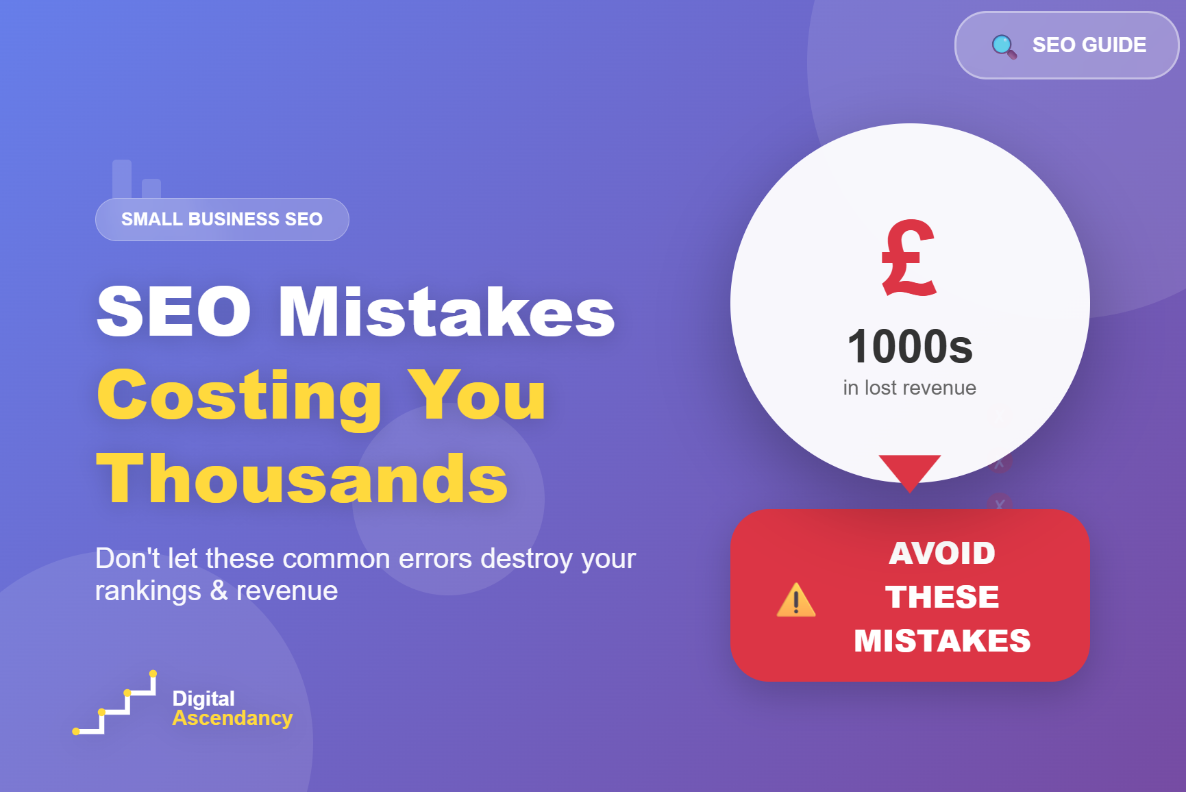SEO mistakes featured image showing pound sterling symbol with declining arrow and warning badge representing thousands in lost revenue for small businesses due to common SEO errors