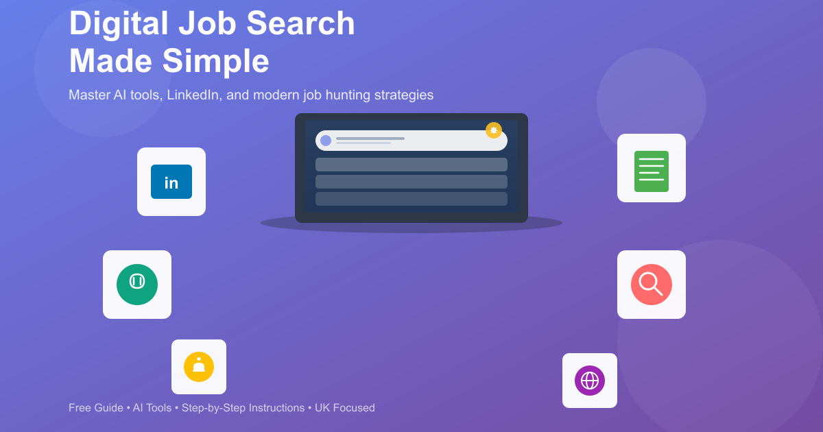 Digital job search guide illustration showing laptop with AI tools, LinkedIn, CV resources, job alerts, and professional networking icons on purple gradient background