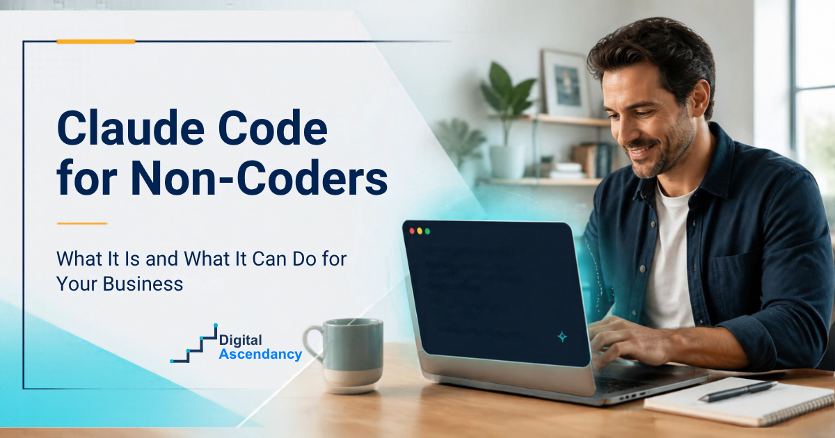 Small business owner using Claude Code AI assistant on a laptop