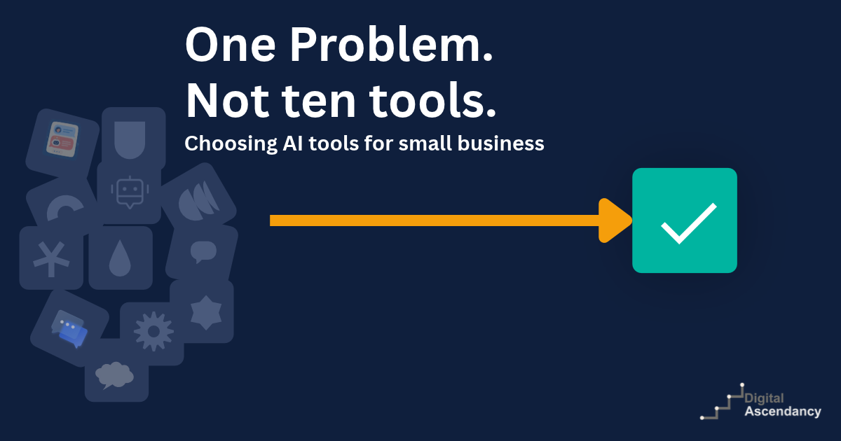 A pile of faded app tiles beside a single highlighted tile with a teal tick, illustrating choosing one AI tool for one business problem
